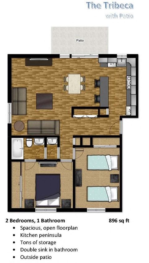 Floor plan for 2 beds, 1 bath, 896 sqft